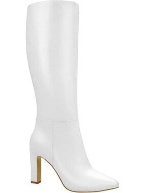 Women's White Leather Mid Block Heel Pointed Toe with Side Zipper Winter Boots